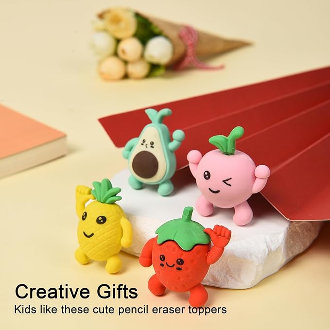 HILAZA 16Pcs Pencil Top Erasers for Kids, 3D Cute Fruit Pencil Toppers, Bulk Fun Pencil Cap Easters for School Classroom Supplies Prize Gifts Party Favors