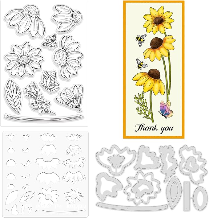 ORIGACH Daisy Flower Stamps and Dies and Layering Coloring Stencil Set, Silicone Stamps Metal Die Cut and Layering Stencil Template with Daisy Pattern for Card Making Scrapbooking DIY Crafting