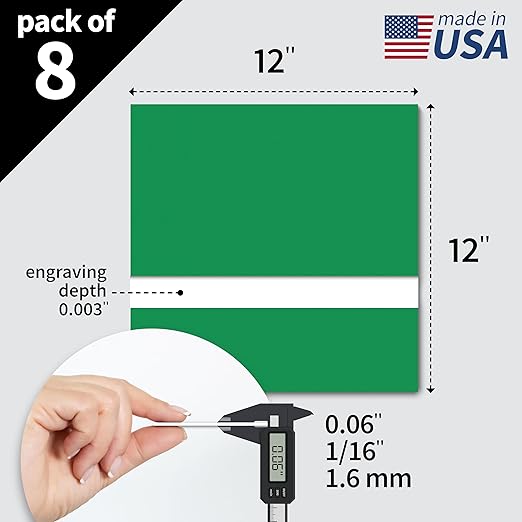 Trotec TroLase | 12"x12"x1/16", 8 Pcs | Bright Green/White | 2 Ply | Modified Acrylic | Laser Engraving Double Color Plastic Sheet | Engraving Blanks for Laser, Saw, Guillotine | Made in USA