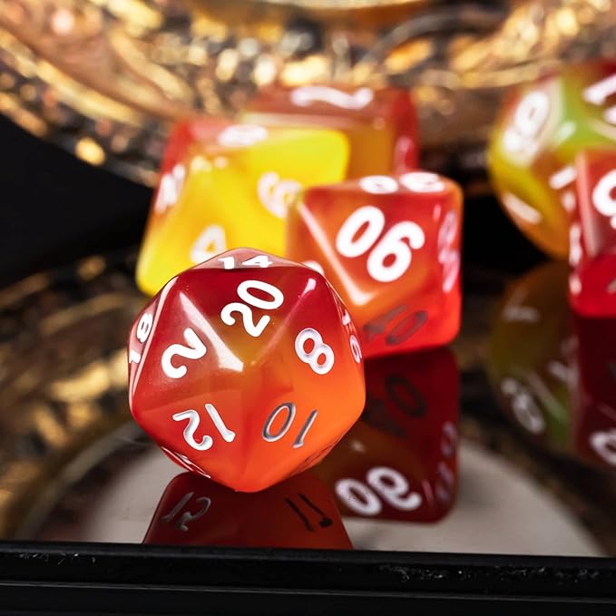 7-Die DND Dice Set Polyhedral Dice Set with a Leather Dice Bag, D&D Dice Set for Dungeons and Dragons, RPG Table Games (T/Red Yellow)