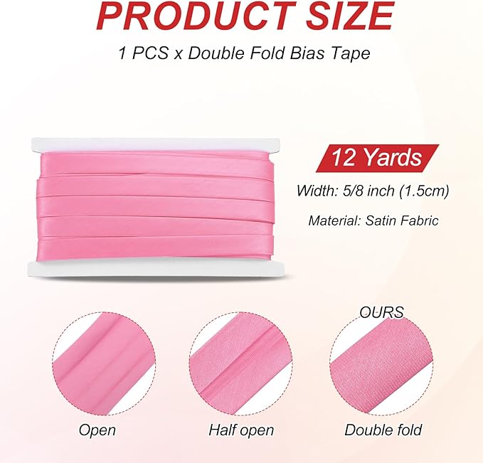 MECCANIXITY Double Fold Bias Tape for Sewing 5/8 Inch x 12 Yards Satin Pre-fold Continuous Binding Tape for Seaming Quilting Hemming Binding DIY Crafts, Pink