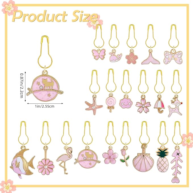 BEEFLYING 20Pcs Cute Mixed Pink Stitch Markers, Alloy Enamel Knitting Stitch Marker Charms Pendants for Sewing Crocheting and Knitting