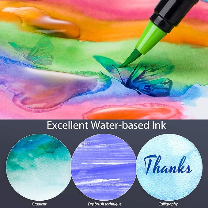 Professional Watercolor Brush Markers Pen 48 Colors of Ohuhu, Water Based Drawing Marker Brushes W/A Blending Aqua Pen, Water Soluble for Adult Coloring Books Comic Calligraphy