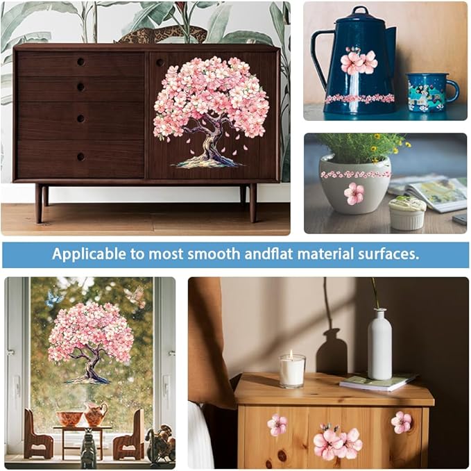 GLOBLELAND 4 Sheets Cherry Blossoms Tree Rub on Transfers 12x6inch Pink Flowers Furniture Transfers Sticker Birds UV Transfers Decal Craft for Bedroom Living Room Desk Table Decoration