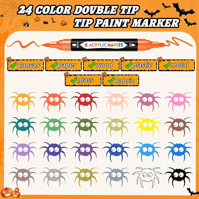 TBC The Best Crafts 24 Colors Dual Tip Acrylic Paint Markers,Waterproof, Non-Toxic, odorless, Suitable for Paper, Pottery, Stones, Backpacks, Glass