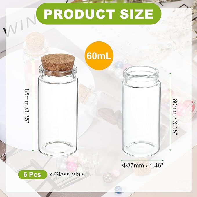 uxcell 6Pcs Mini Glass Bottles with Cork Stoppers, 60ml Small Clear Bottles Glass Empty Jars Vials for DIY Crafts Party Wedding Decor Favors