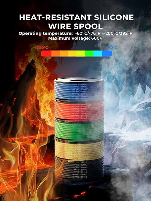 22 AWG Silicone Wire Kit 50FT, 22 Gauge Stranded Tinned Copper Wire Spool, 5 Colors 10FT Each,Flexible Electrical Wire for DIY, Automotive, LED, Arduino, Battery Projects