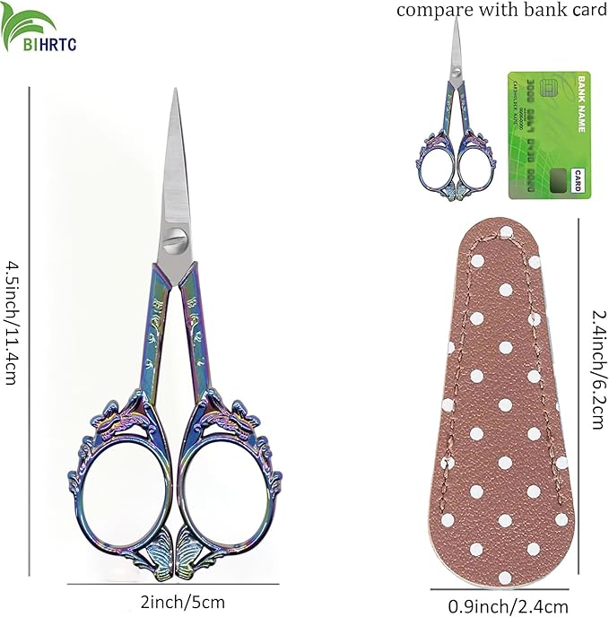 BIHRTC Small Threading Scissors 4.5 Inch Vintage Sharp Detail Shears with Artificial Leather Cover Stainless Steel Tip Dressmaker Shears DIY Tools for Embroidery Crochet Craft Needlework