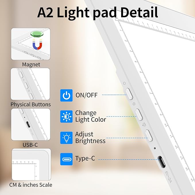 TOHETO A2 Light Pad 25.2''x18.4'', Large Magnetic LED Light Board for Diamond Painting, 3-Color Modes Light Box for Tracing, 6-Level & Stepless Dimmerable Diamond Art Light Table for Drawing,Sketching