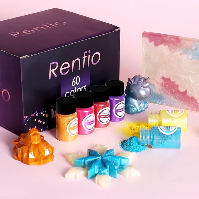 Renfio Mica Powder, 60 Colors Mica Powder for Resin Natural Epoxy Resin Color Pigment Powder Dye 0.25oz/7g Bottles Shimmer Pearl Pigments for Soap Making, Candle Making, Epoxy Crafts, Slime, Nail Art