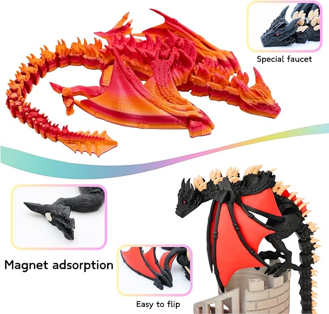 3D Printed Dragon - 12 inch Flying Flexible Dragon with Wings, Home Decor, Birthday Gift, Desk Pet(Red Black-Dragon)(Red Gold-Dragon)