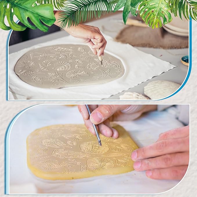 12pcs Polymer Clay Texture Sheets Set Works with Polymer Clay Cutter Embossing Clay Texture Roller DIY Sheets for Jewelry Earring Making DIY Craft Supply (Summer)