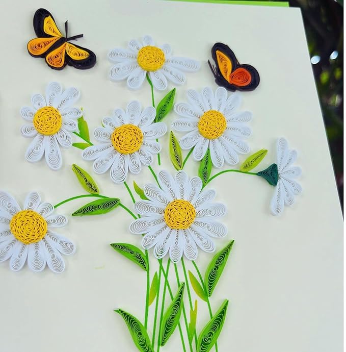 Quilling Cards, handmade card, quilled cards with Dedicated Paper Handmade Art for all occasions: Mother's day, Father's day, Birthday... daisy bouquet (With butterflies)