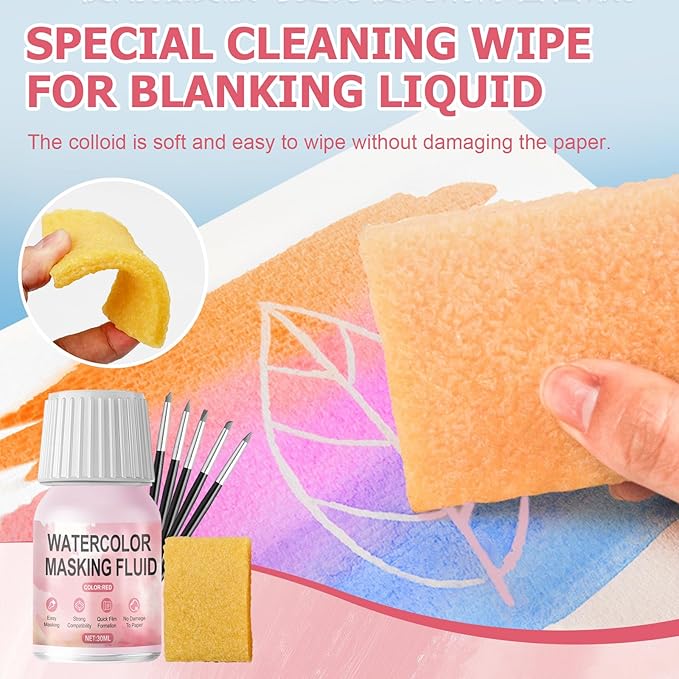 WANJAO Masking Fluid for Watercolor Painting, Liquid Masking Tape with Silicone Pens Cleaning Brush for Painting Fast Drying Easy Peel Use to Art Watercolor Supplies Retouching Covering, 30ml Red