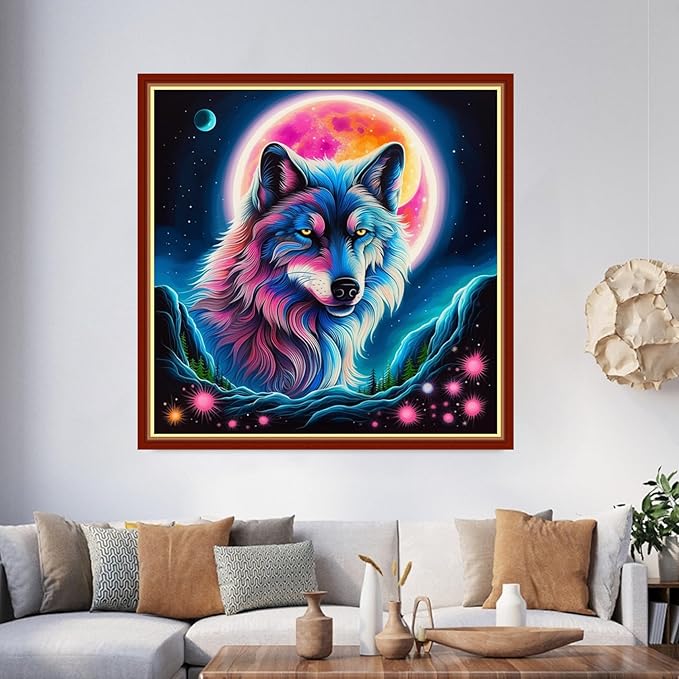 Foxhool Beginners Cross Stitch Kits Stamped Full Range of Embroidery Kits for Adults DIY Cross Stitches kit Embroidery Patterns for Needlepoint kit-Colorful Moon Wolf 17.7x17.7 inch