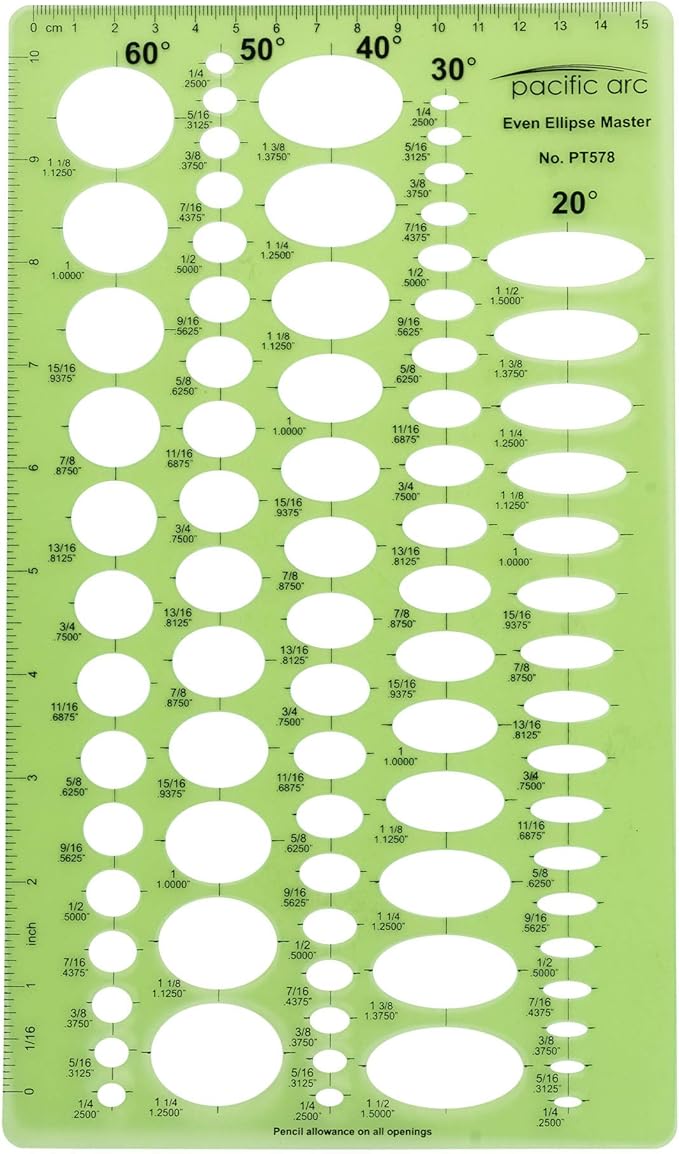Pacific Arc Even Ellipse Master Template Guide, 79 Ellipses in 5 projections of 20, 30, 40, 50, and 60 Degrees