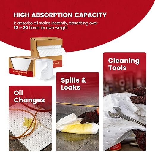 Oil Absorbent Pads | 16"x20" Oil-Only Spill Mat 100-Pack | Industrial Spill Control for Oil & Fuel(24 Gal/Box) | Repels Water Absorbing Sheets