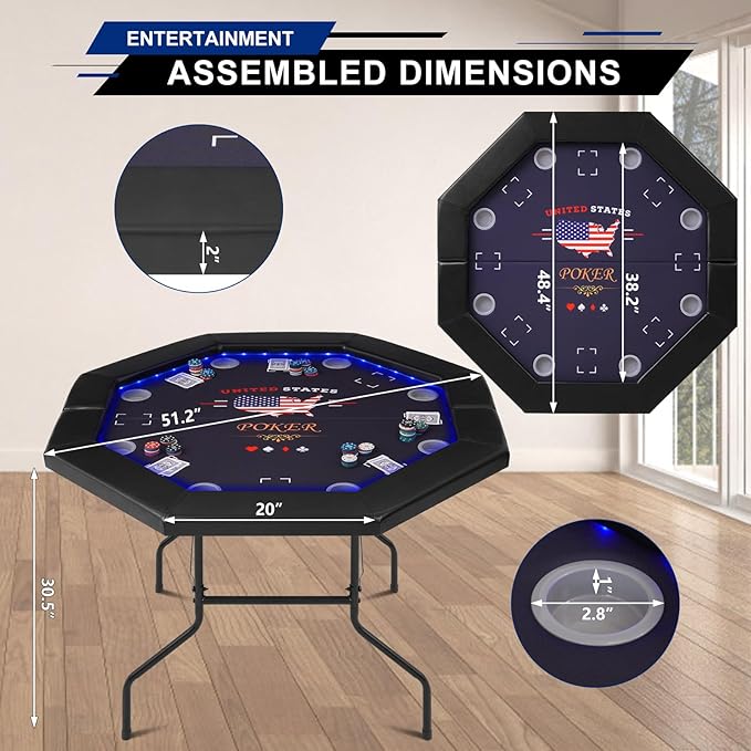 LED Poker Table Foldable, Octagon Casino Leisure Gamimg Table for 8 Player, Folding Texas Holdem Blackjack Table w/Built-in LED Light, Padded Rails & Cup Holders for Home Game Room