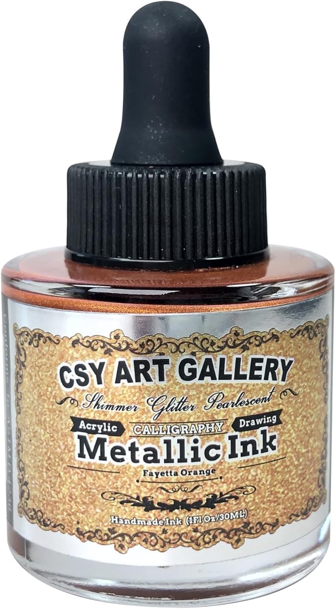 CSY art gallery Metallic Acrylic Paint Ink-Craft Paint-Calligraphy Inks,Glitter-Pearlescent -Gold Drawing Ink Liquid Gold Leaf Paints with Dropper, 1oz - 29.5 ml (Fayetta Orange)