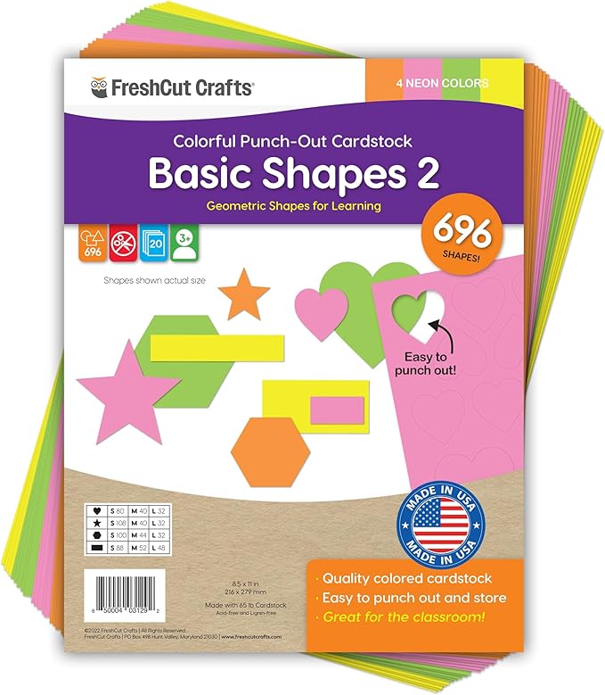 Basic Shapes 2: Hearts, Stars, Hexagons, Rectangles, 696 Pieces US Made Card Stock Punch Out Geometric Shapes in 3 Sizes and 4 NEON Colors for Math, Pattern Play and DIY Crafting