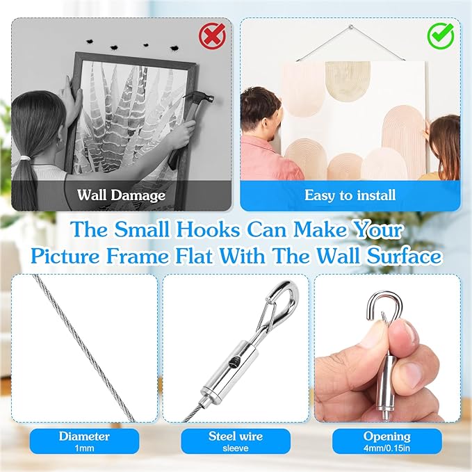 4 Pack Picture Hanging Wire Kit, Heavy Duty Picture Hanging Kit for Frames & Mirrors up to 50lbs, Includes Adjustable 2m Steel Wires, D Rings & Screws, Wall Hanging Kit for Home & Office Décor