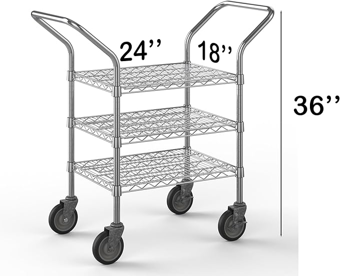 18" W x 24" L x 36" H Chrome Heavy Duty Utility Cart | 3-Tier | NSF Commercial Storage Rack Mobile Unit | Storage and Mobility Solution for Your Business