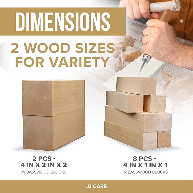 JJ CARE Wood Carving Kit [12 SK2 Wood Carving Knives with Case, 10 Basswood Carving Blocks, and 1 Grinding Stone] - Beginner Wood Carving Kit, Wood Carving Tools Set, Wood Carving Set for Kids