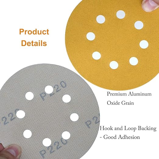 5-Inch 8-Hole Hook and Loop Sanding Discs 220-Grit Random Orbit Sandpaper, 100-Pack