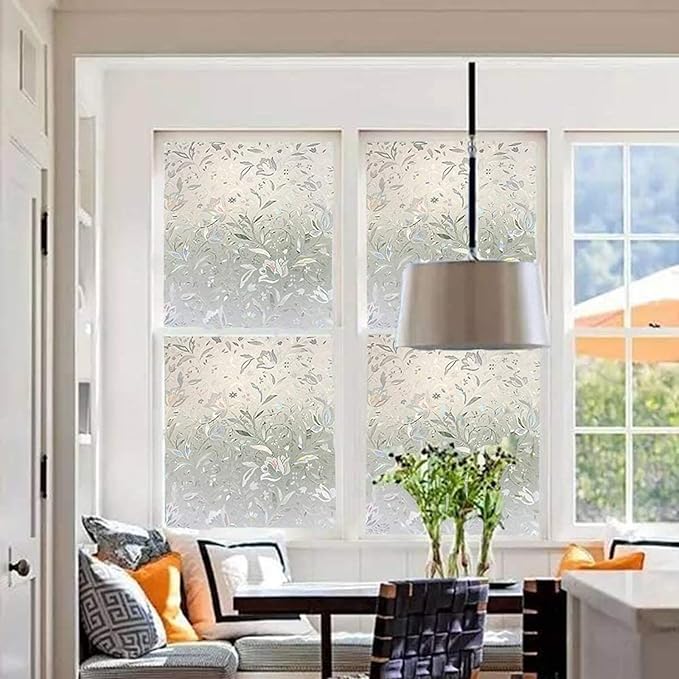 LEMON CLOUD Window Film, Decorative Window Privacy Film, 3D Stained Glass Window Sticker,Anti-UV Sun Blocker Heat Control for Home(Rainbow Tulip Design,35.4 x 157.4 inches)