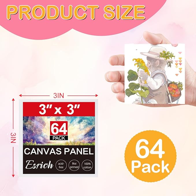 ESRICH 3x3IN Small Canvases for Painting, 64 Pack Mini Canvas Boards Cotton Painting Canvas Primed Acid Free Mini Blank Canvas Panels for Oil Paint,Watercolor,Acrylic Paint,Gouache&Tempera.
