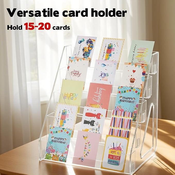 5 Tier Acrylic Card Display Stand(Tall Height), Clear Display Shelf Desktop for Trading Cards, Sports Cards, Greeting Card, Stickers & Brochures, Easy Clip-On Design