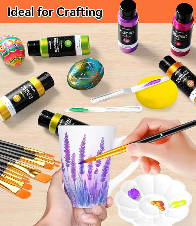 64 PCS Iridescent Acrylic Paint Set with 12 Brushes, 2 Knives & Palette, 48 Colors (2oz/60ml) Art Craft Paint for Adults Kids Artists Beginners, Halloween Pumpkin Canvas Ceramic Rock Painting Kit