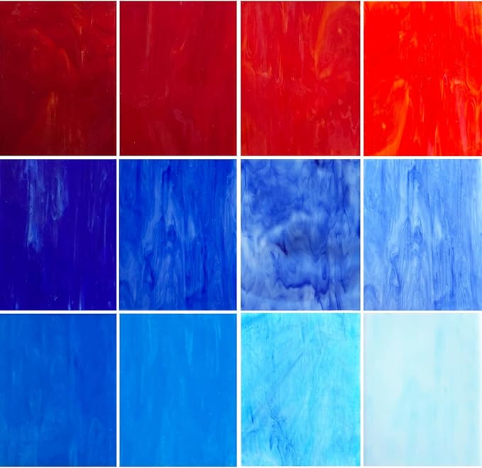 ILLUCKAI 12 Sheets Red+Blue Stained Glass Sheets, 6 x 4 inch Stained Glass Supplies for Stained Glass Beginners and Hobbyists