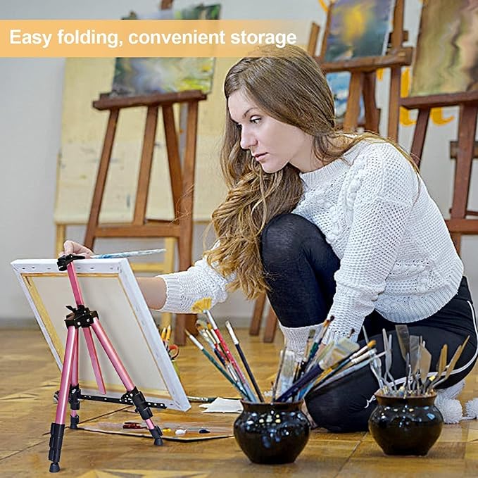 RRFTOK Artist Easel Stand, Aluminum Metal Adjustable Easel for Painting Canvases Height from 17 to 66 Inch,Carry Bag for Table-Top/Floor Drawing and Displaying(Pink)
