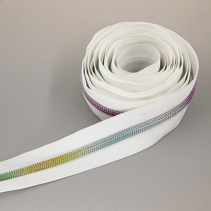 Leekayer #5 Metallic Nylon Coil Zippers by The Yard Colorful Teeth Zipper Bulk 10 Yards White Tape with 25pcs Silver Sliders for DIY Sewing Tailor Craft Bag(White)