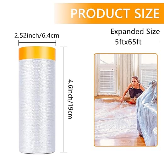 Painters Plastic with Tape 59inx65ft,Pre-Taped Masking Film Automotive Tape and Drape,Tear-Resistant Plastic Painting Film for Car Painting & Home Renovation (2 Roll)