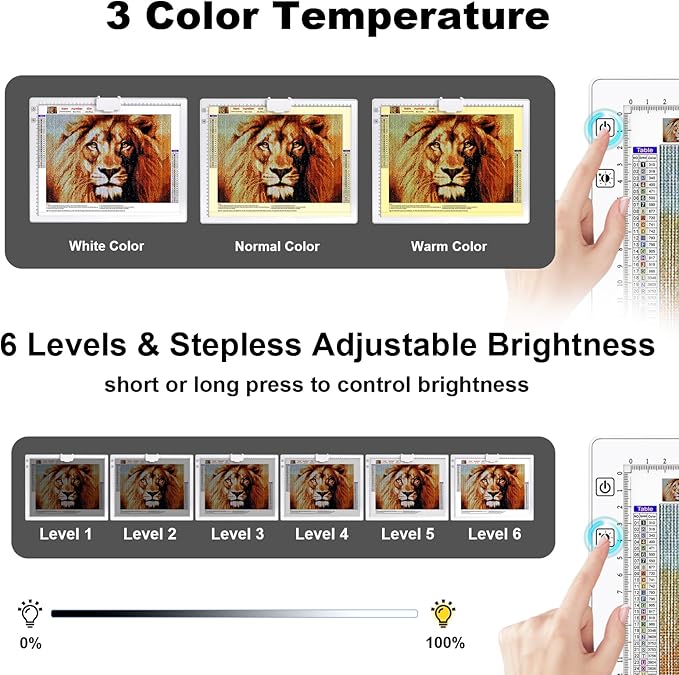A3 Rechargeable LED Light Pad,Light Box for Tracing with Integrated Stand,3 Light Colors 6 Levels of Brightness and stepless dimming,Light Board for Diamond Painting,Drawing,Artists