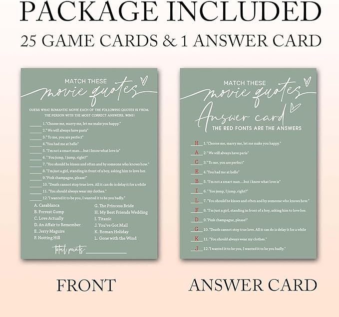Bridal Shower Games Cards, Match These Movie Quotes, 25 Game Cards with 1 Answer Card, Engagement Party Wedding Games for Guests, Minimalist Green Wedding Party Supplies - C09