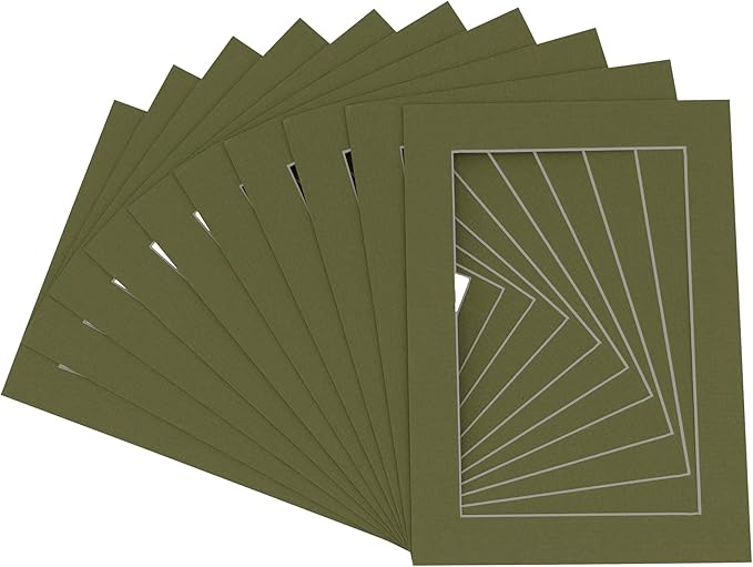 Pack of 25 Acid Free 8x10 Mats Bevel Cut for 5.5x8.5 Photos - Dill Green Precut Matboards With Backing Boards and Clear Photo Mat Bags For Pictures, Photos, Framing - 4-ply Thickness