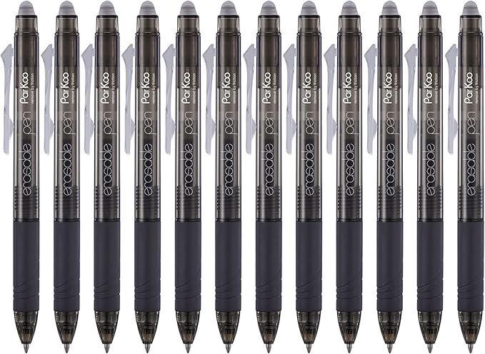 ParKoo Retractable Erasable Gel Pens Clicker Fine Point 0.7 mm, No Need for White Out, Black Ink for Completing Sudoku and Crossword Puzzles, 12-pack