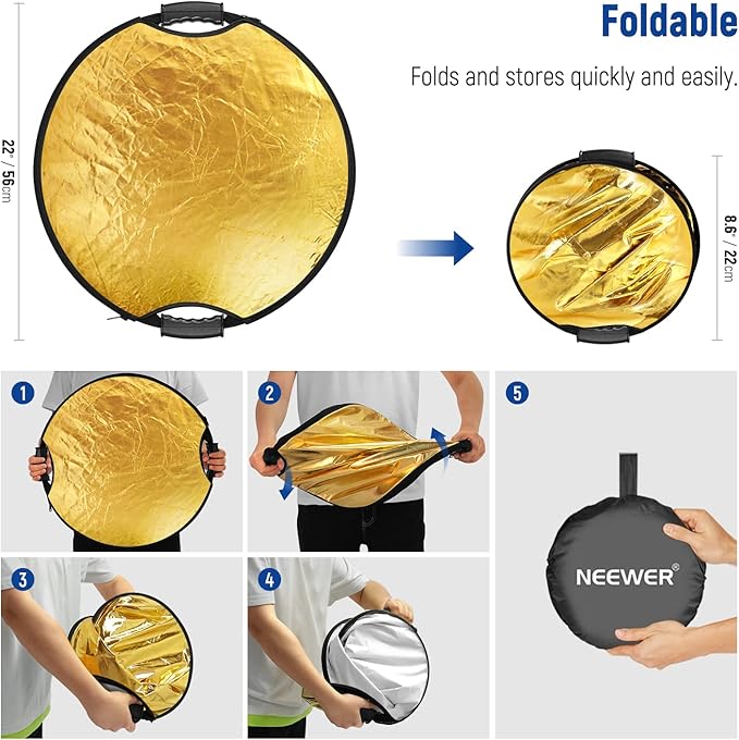 NEEWER 22"/56cm Light Reflector with Handle Grip with 3/8" Thread, 5 in 1 Collapsible Disc Light Diffuser Translucent/Silver/Gold/White/Black for Photography Lighting, Outdoor Lighting, RF-56II