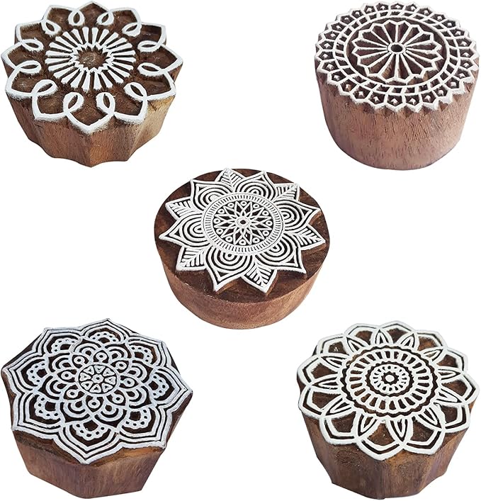 Royal Kraft Mandala Wooden Printing Stamps (Set of 5) - DIY Henna Fabric Textile Paper Clay Pottery Blocks Htag2231