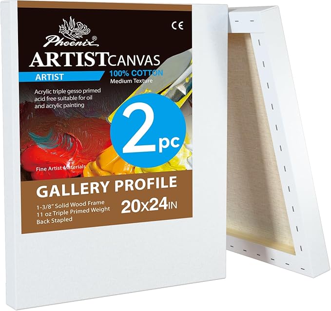PHOENIX 20x24 Inch 2 Pack Gallery Canvas - 1.5 in Thick Large Canvases for Painting - Deep Edge 100% Cotton 11 Oz. Gesso Primed White Blank Professional Canvas Oil & Acrylic Paints