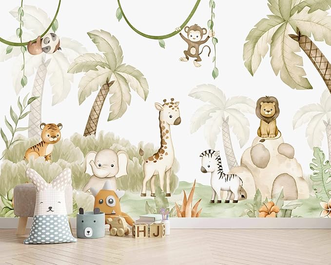 AFZEVEB-Safari Wallpaper Watercolor Animal Nursery Wall murals for Kids Room 114"x74"(Not Peel and Stick)