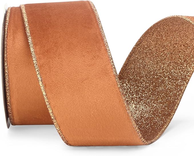 Ribbli Burnt Orange Velvet Wired Ribbon 2.5 Inch Copper Velvet with Copper Glitter Christmas Ribbon for Christmas Tree Decoration Big Bow Gift Wrapping Crafts Wreaths Supplies- 10 Yards