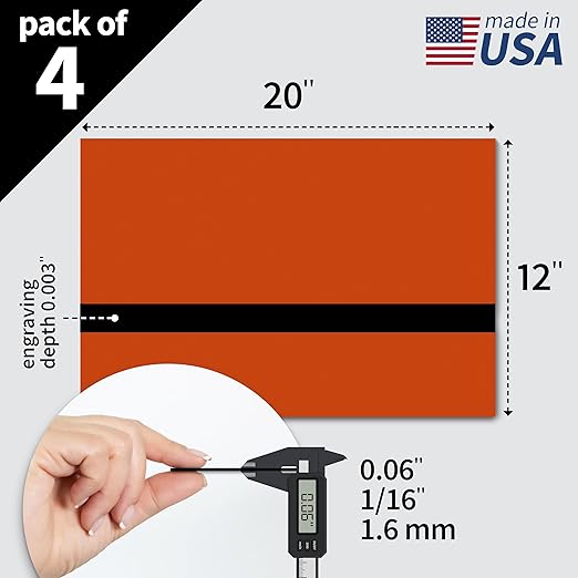 Trotec TroLase | 12"x20"x1/16", 4 Pcs | Orange/Black| 2 Ply | Modified Acrylic | Laser Engraving Double Color Plastic Sheet | Engraving Blanks for Laser, Saw, Guillotine | Made in USA