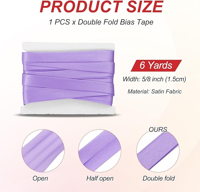 MECCANIXITY Double Fold Bias Tape for Sewing 5/8 Inch x 6 Yards Satin Pre-fold Continuous Binding Tape for Seaming Quilting Hemming Binding DIY Crafts, Light Purple