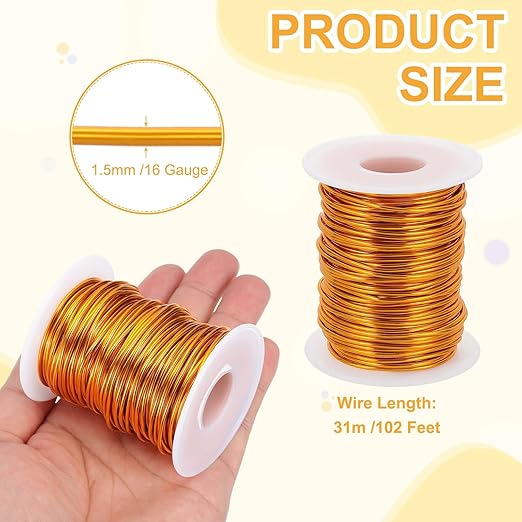 uxcell 16 Gauge / 1.5mm Anodized Aluminum Wire for Jewelry Craft Making, 102 Feet Bendable Flexible Wire for DIY Home Decor Gardening Sculpture, Gold