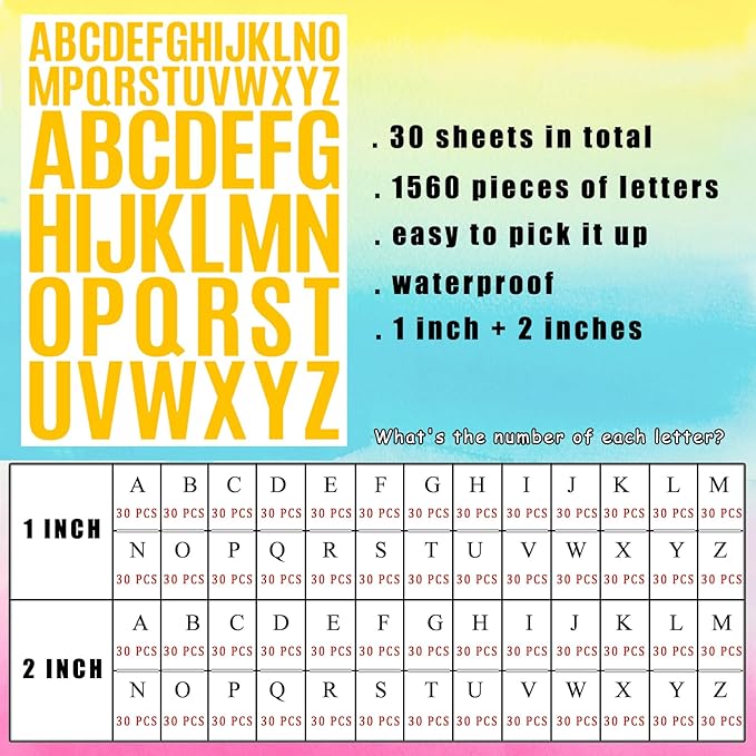 Bemeol Letter Stickers 1560 Pieces 30 Sheets Stick on Vinyl Letters Capital Alphabet Sticker Letter for Craft Bulletin Boards Classroom Home Business Decor(Yellow,1 Inch,2 Inch)