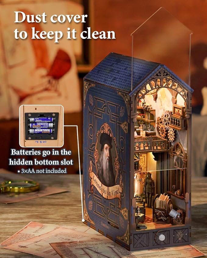Tonecheer DIY Book Nook Kit for Adults, 3D Puzzle Wooden Miniature House Kit, Booknook Dollhouse Bookshelf Insert Decor Bookend with Dust Cover and LED Lights Gifts (Leonardo da Vinci)